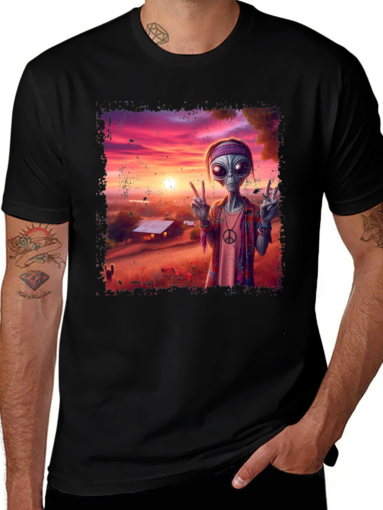 Retro Alien Peace T-Shirt - Groovy Sunset Design