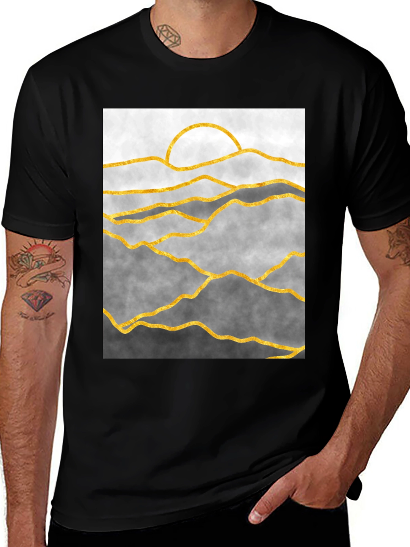 Variant 9 of Abstract Golden Mountain Landscape Black Tee