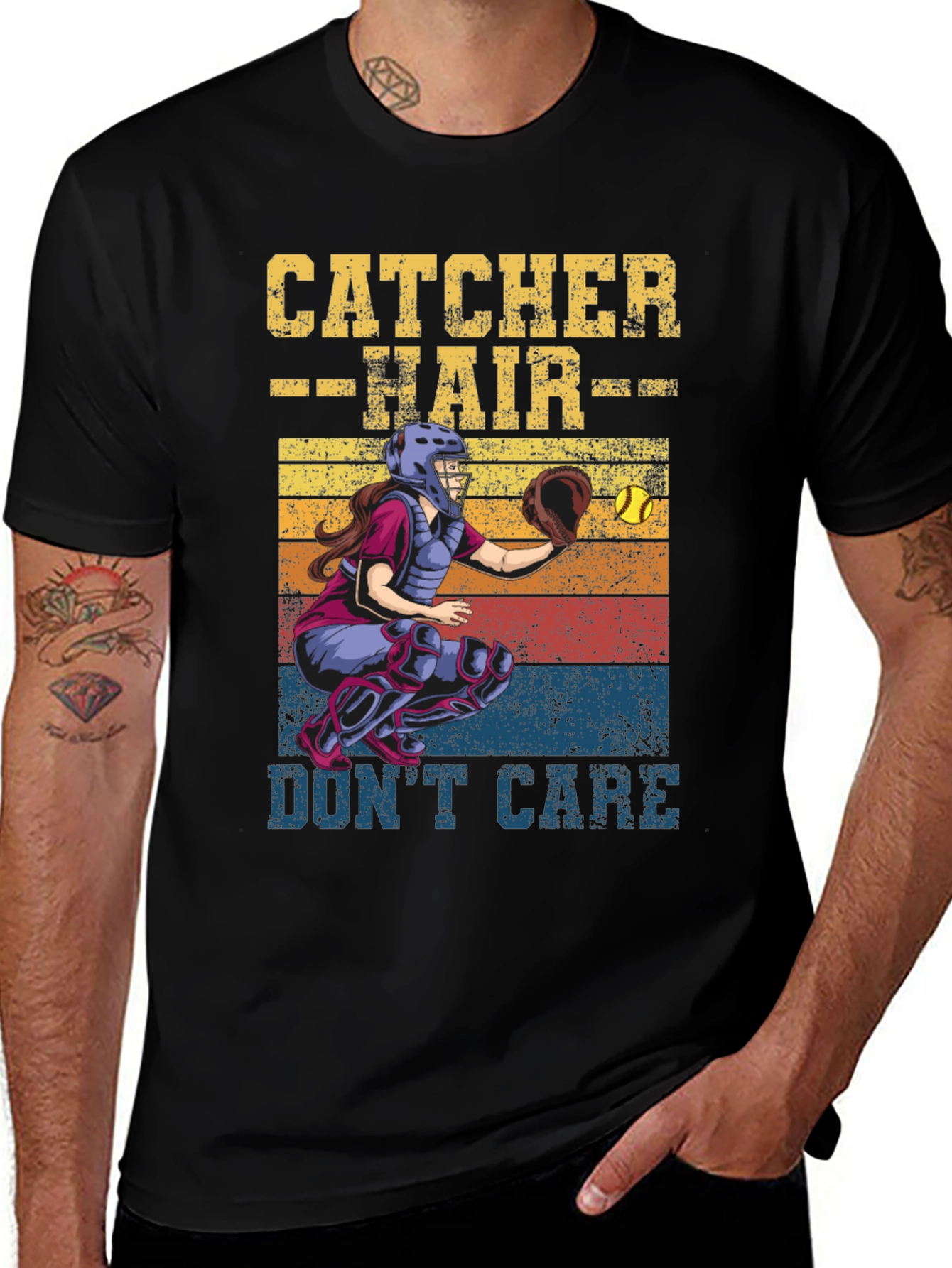 Variant 23 of Catcher Hair Don't Care T-Shirt Softball Fan Tee