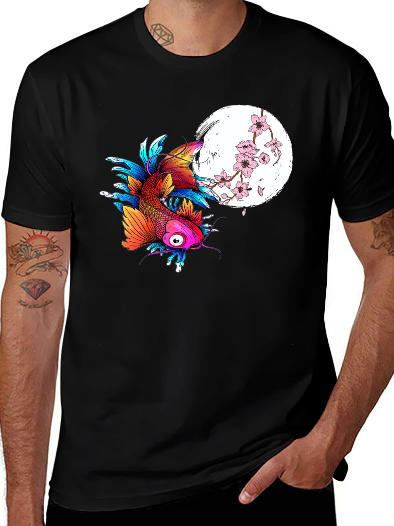 Variant 30 of Koi Fish Cherry Blossom Graphic Black Tee
