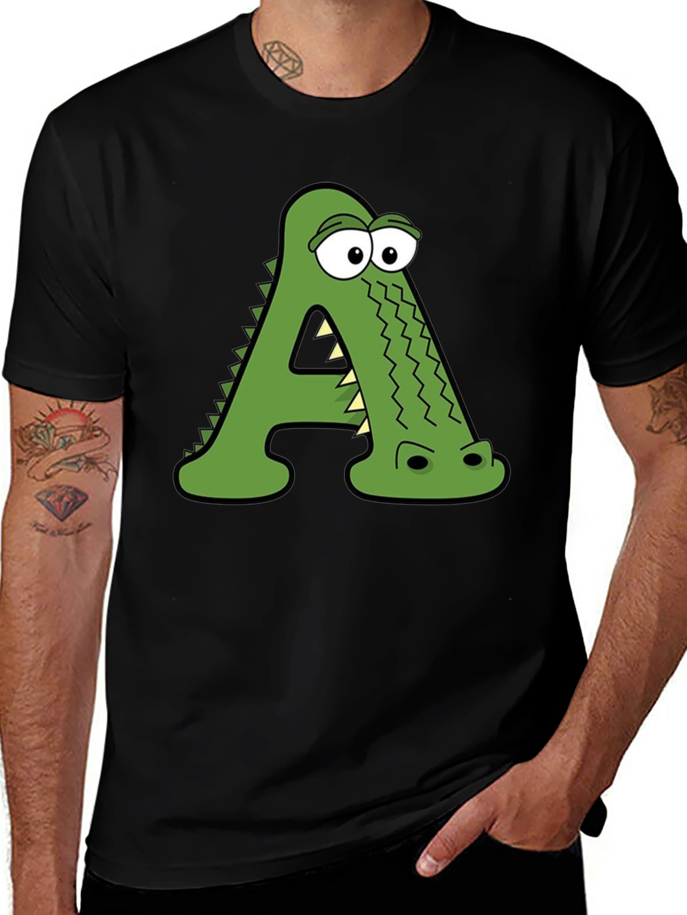 Variant 27 of Letter A Crocodile Cartoon Black T-Shirt