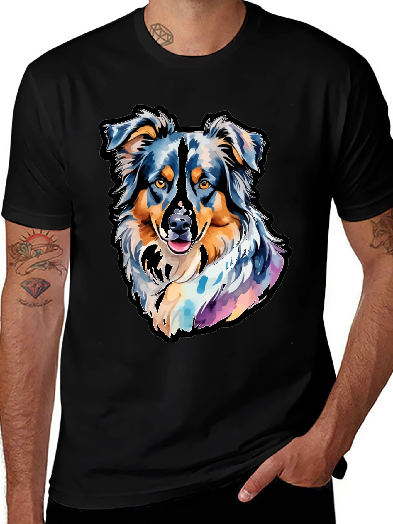 Variant 8 of Dog Art T-Shirt - Men's Black Tee with Colorful Dog Portrait