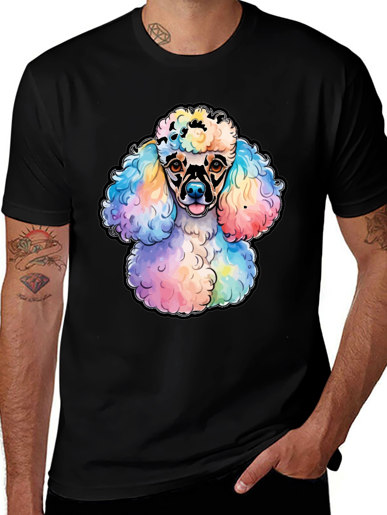 Variant 16 of Rainbow Poodle Graphic Tee - Black Cotton T-Shirt