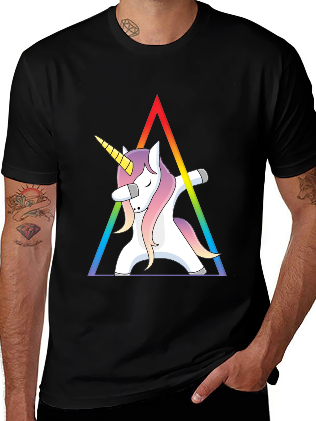Variant 23 of Unicorn Dabbing Rainbow Graphic Tee - Black