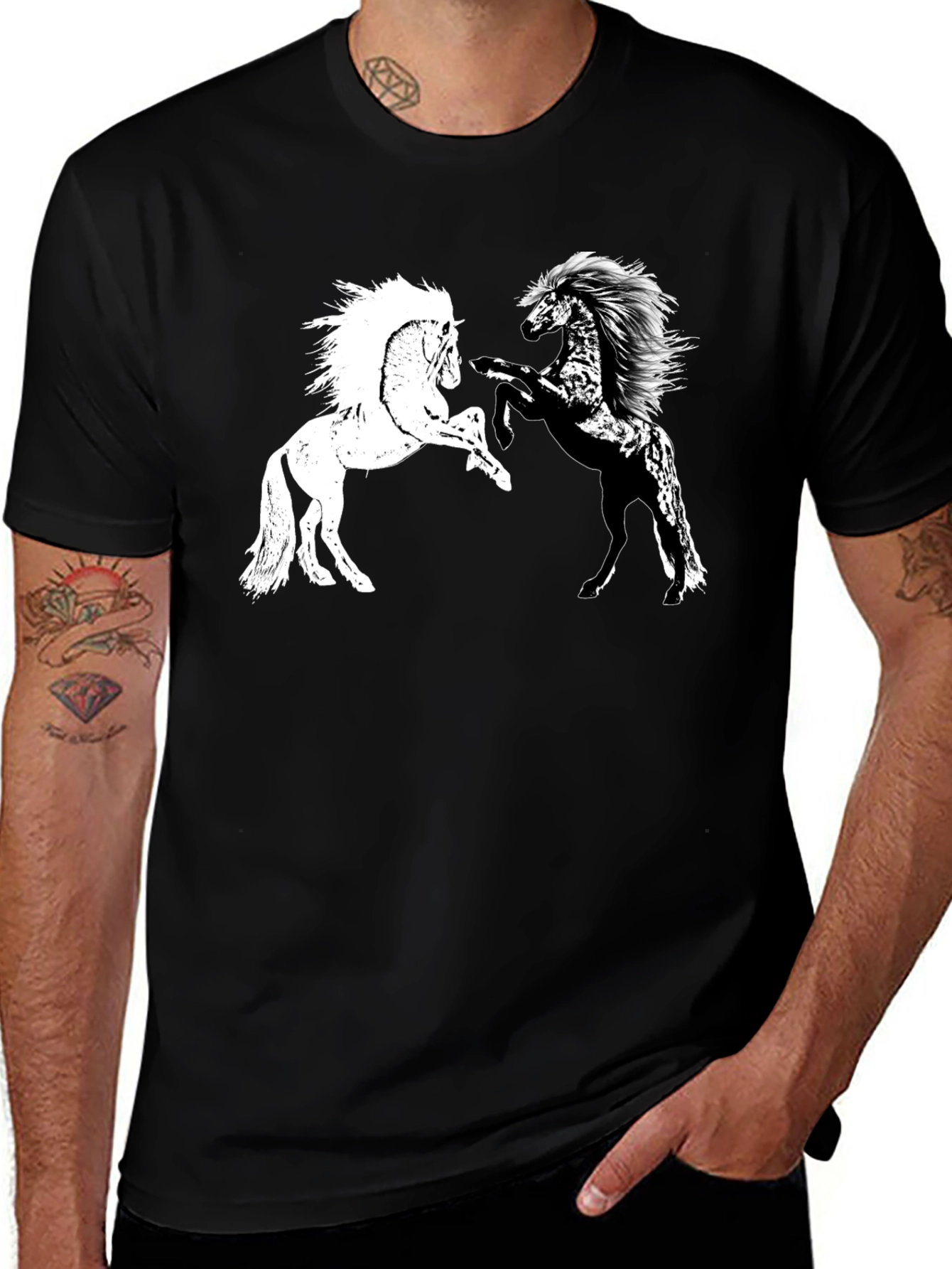 Variant 27 of Yin Yang Horses Graphic Tee - Black Cotton T-Shirt