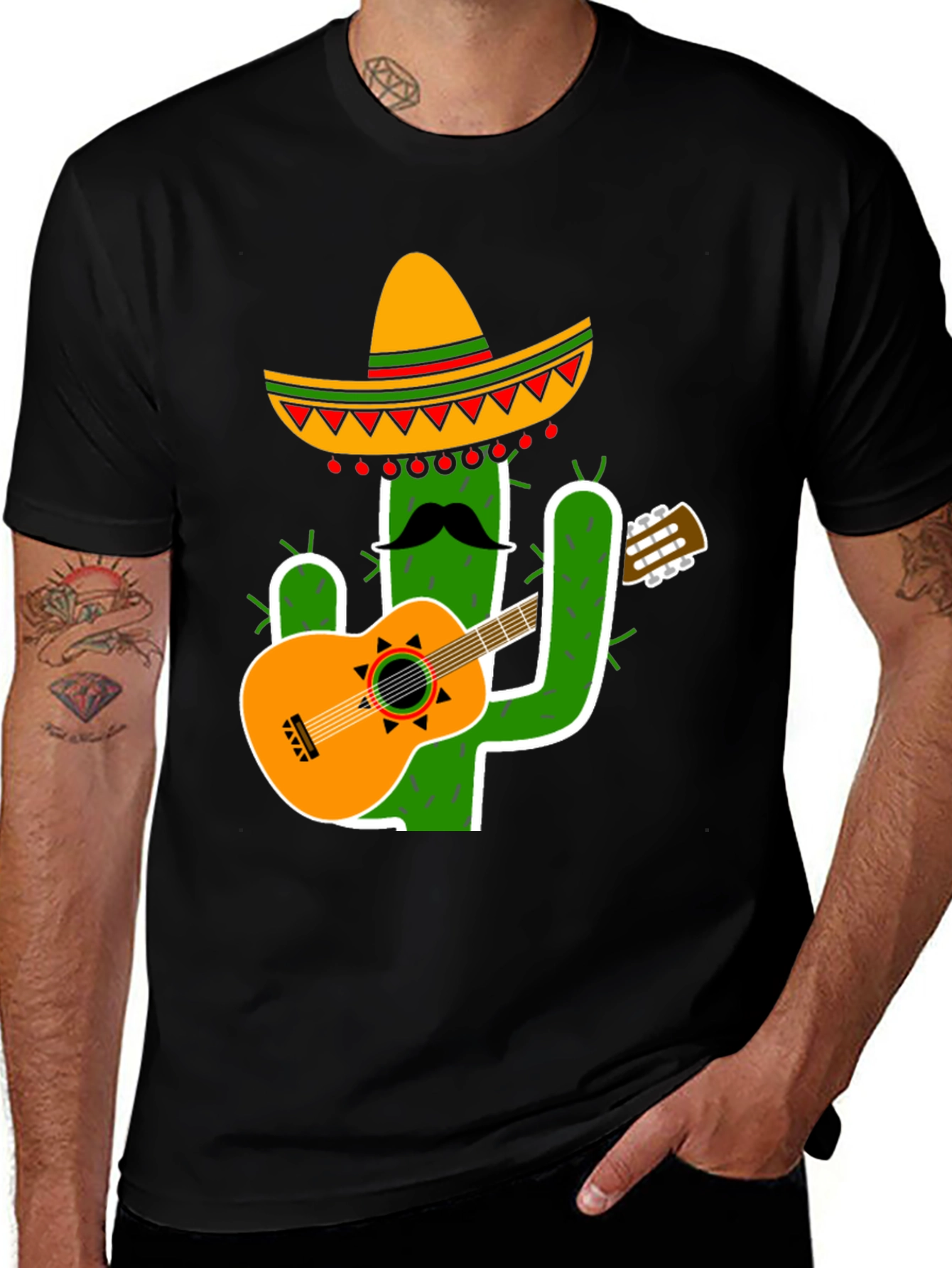 Cactus Sombrero Guitar Black T-Shirt