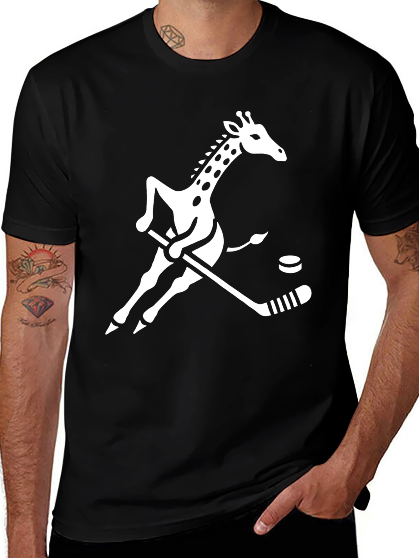 Variant 8 of Giraffe Hockey Player Graphic Tee - Black Cotton Shirt