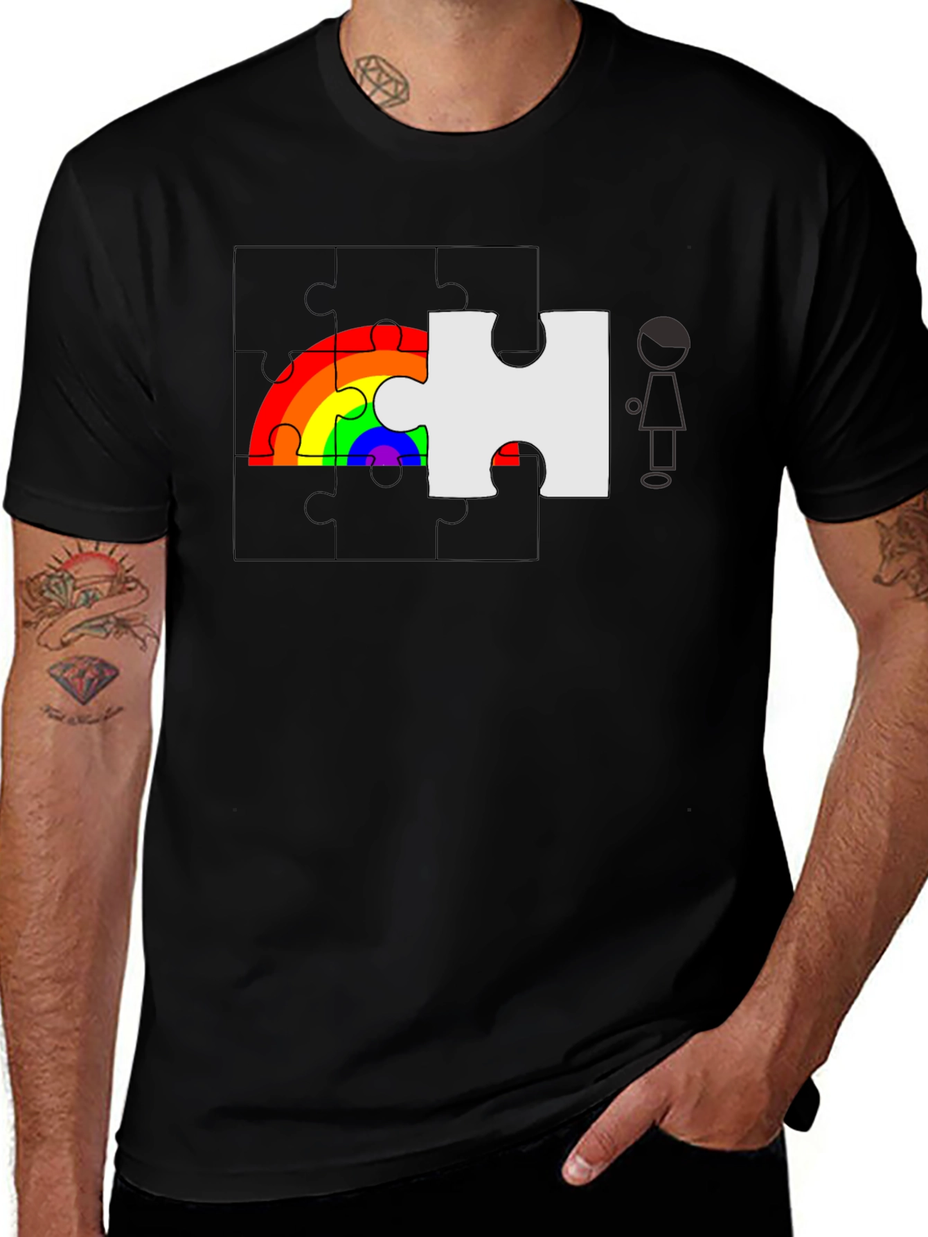 Black Rainbow Puzzle Piece Graphic Tee - Autism Awareness main image