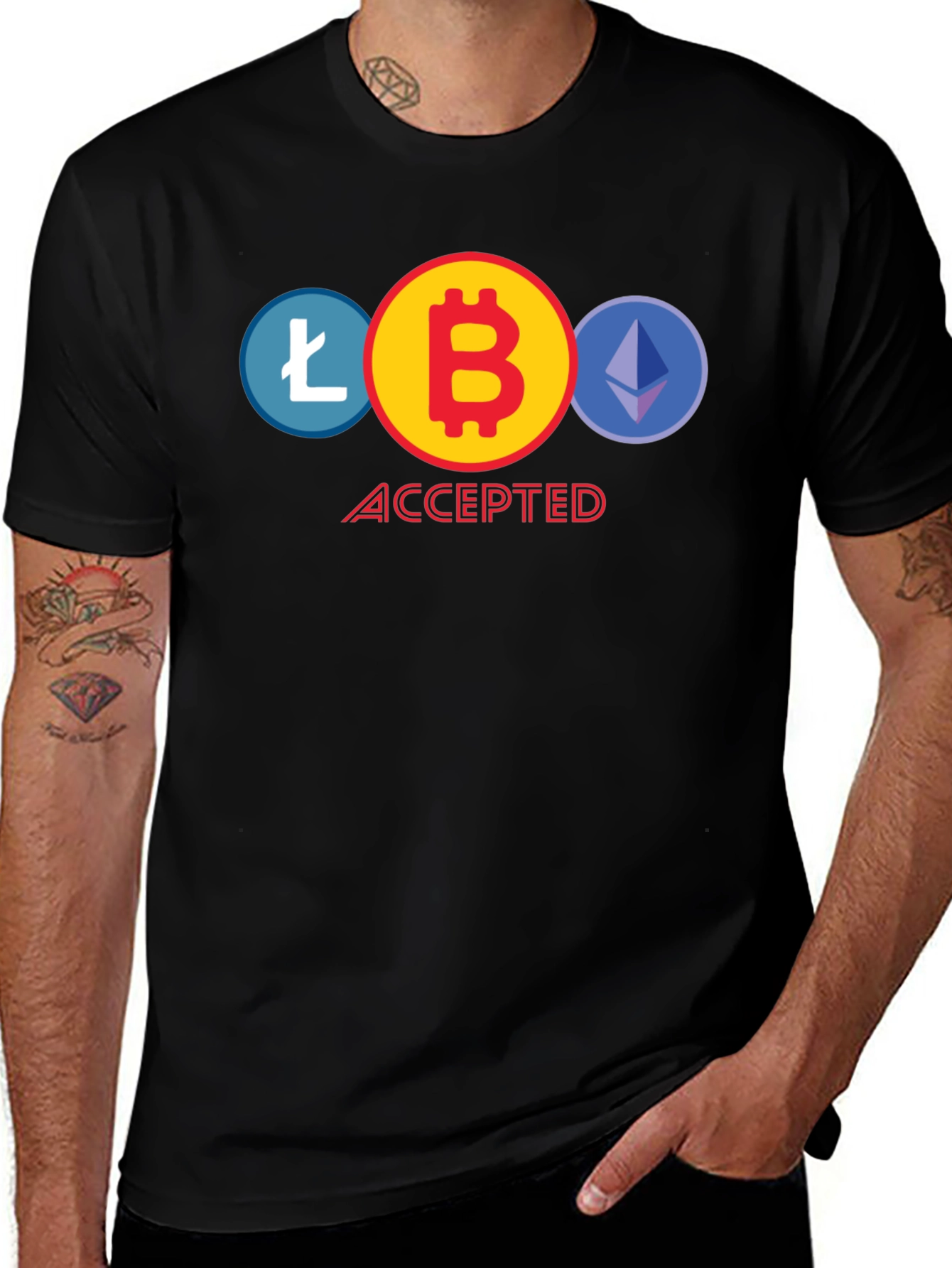 Variant 11 of Crypto Accepted T-Shirt - Bitcoin, Litecoin, Ethereum