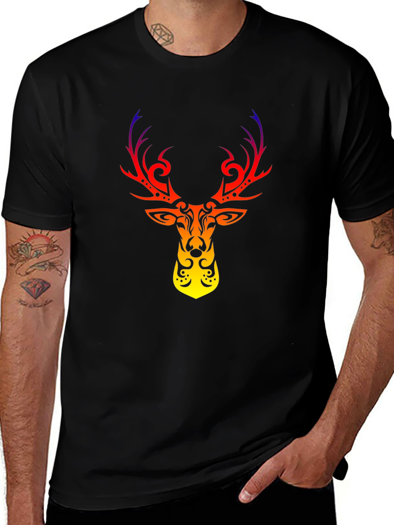 Variant 18 of Men's Black Tee with Tribal Deer Graphic