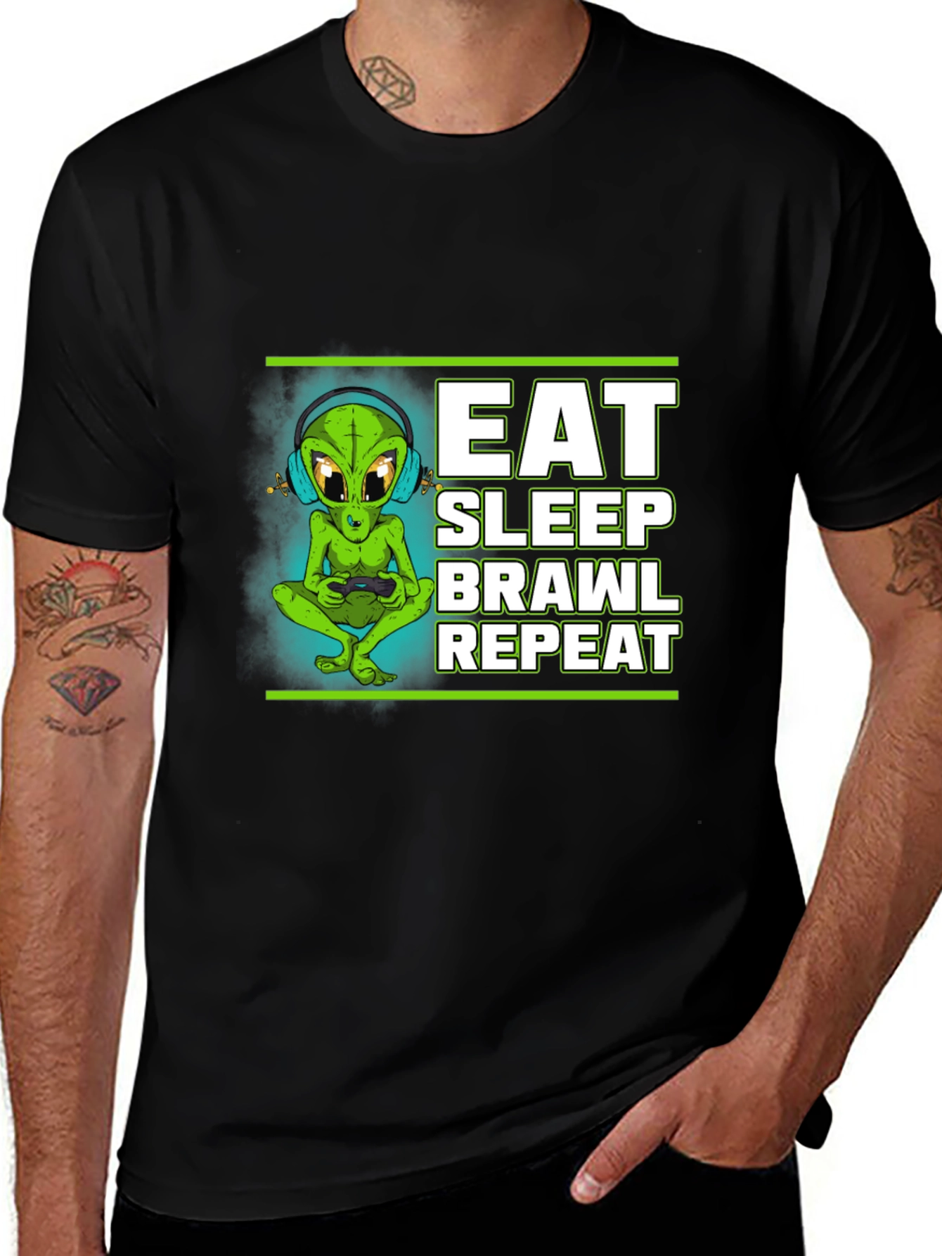 Variant 2 of Eat Sleep Brawl Repeat Alien Gamer T-Shirt