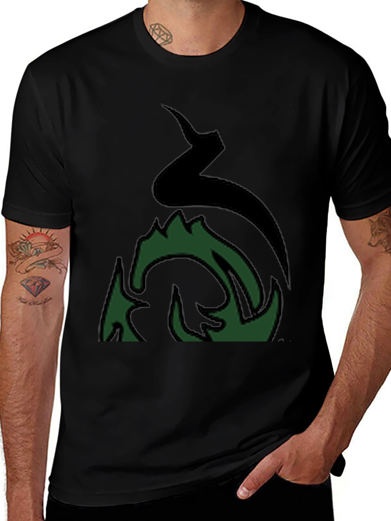 Variant 11 of Men's Black Graphic Tee - Abstract Green Fire Design