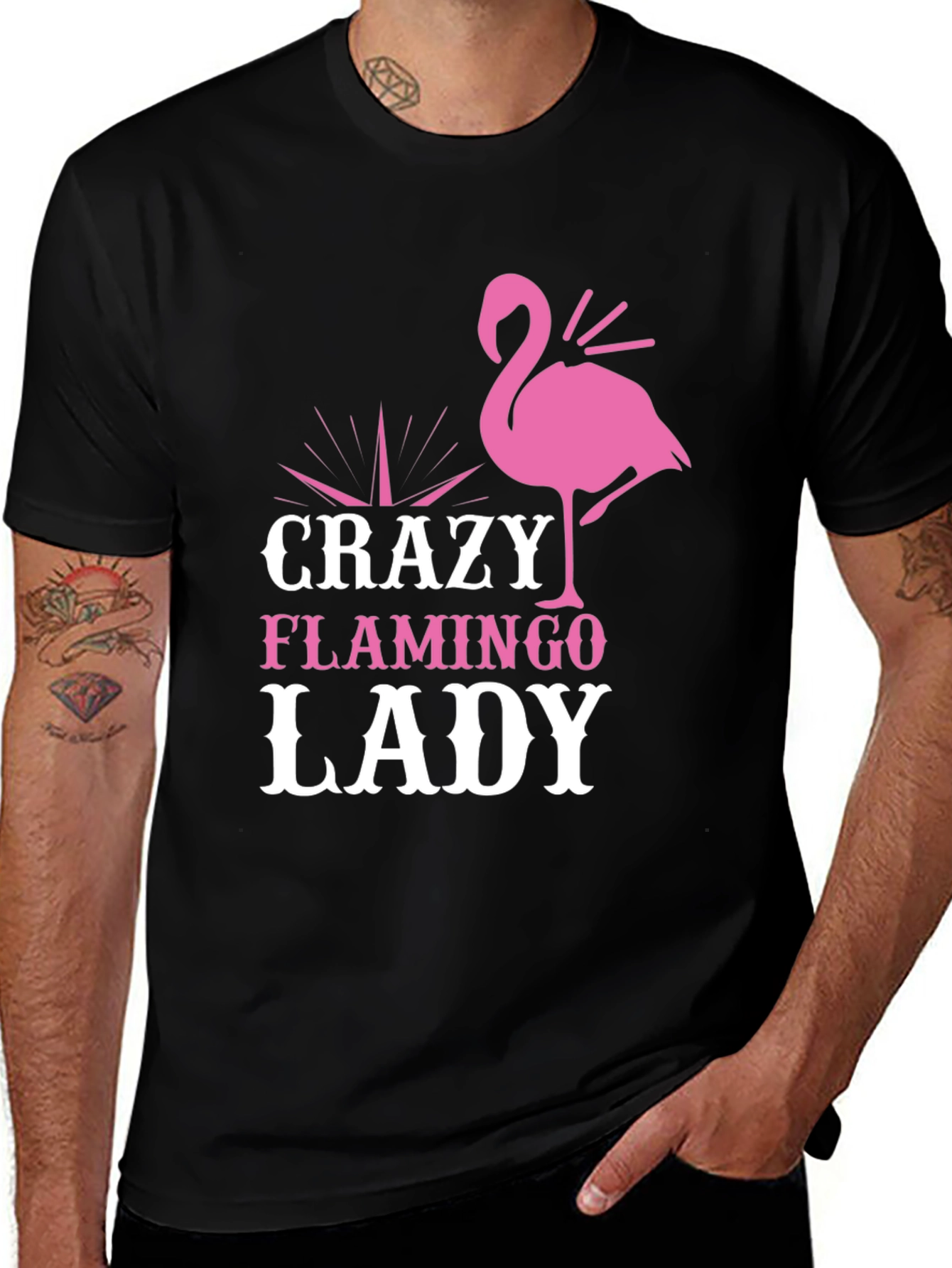 Variant 10 of Crazy Flamingo Lady T-Shirt - Black Graphic Tee