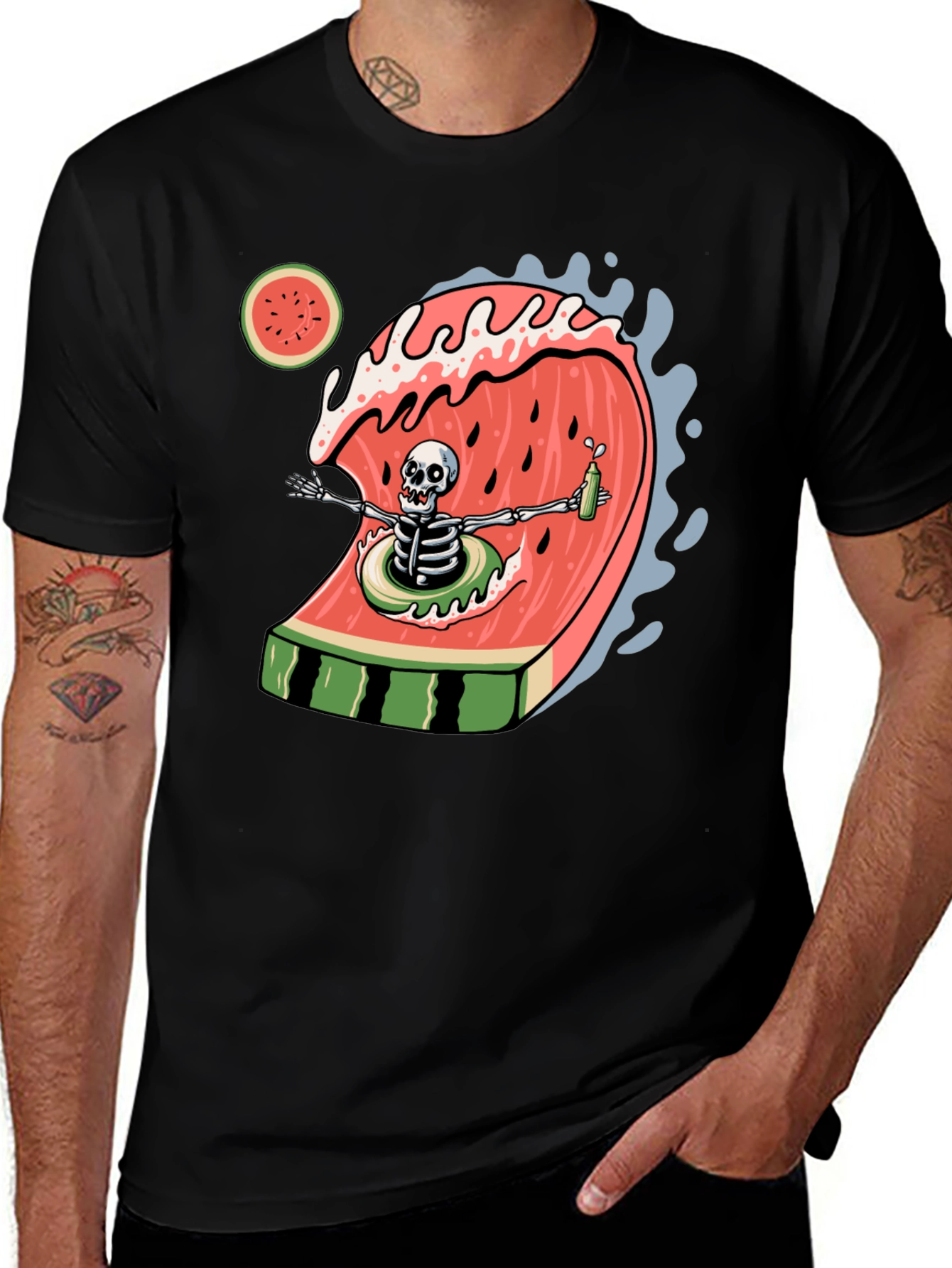 Variant 14 of Skeleton Watermelon Wave Graphic Tee - Black