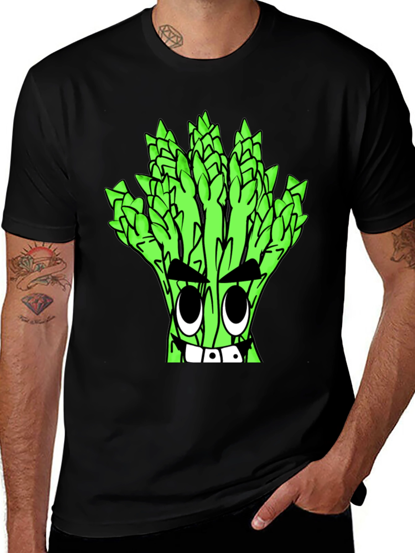 Variant 12 of Asparagus Cartoon Graphic Tee - Quirky Black T-Shirt