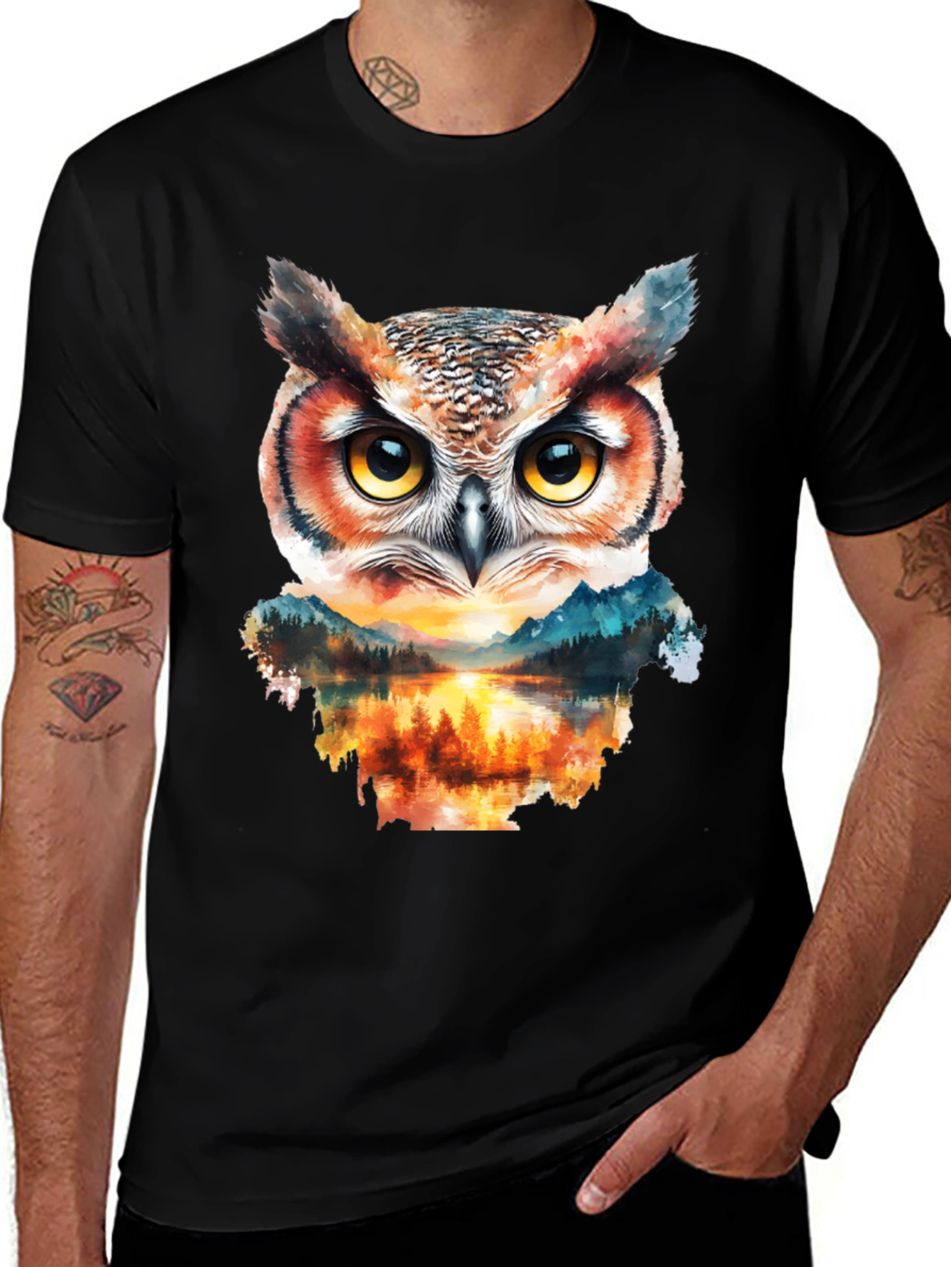 Variant 9 of Owl & Forest Graphic Tee - Black Cotton Blend T-Shirt