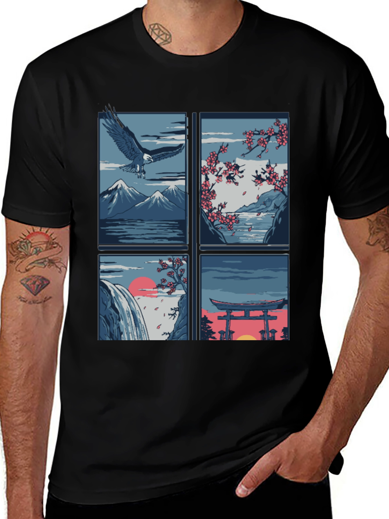 Variant 2 of Japanese Theme T-Shirt - Nature and Eagle Design