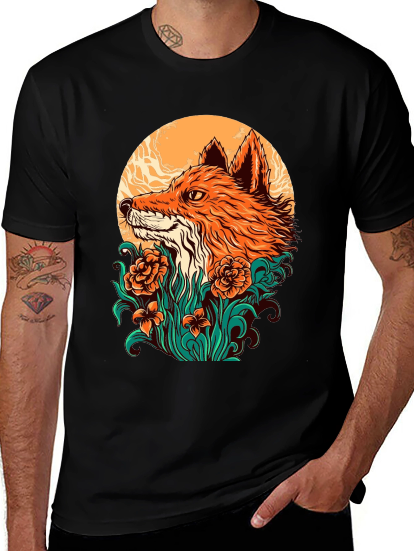 Variant 5 of Fox & Floral Graphic Tee - Black Crew Neck