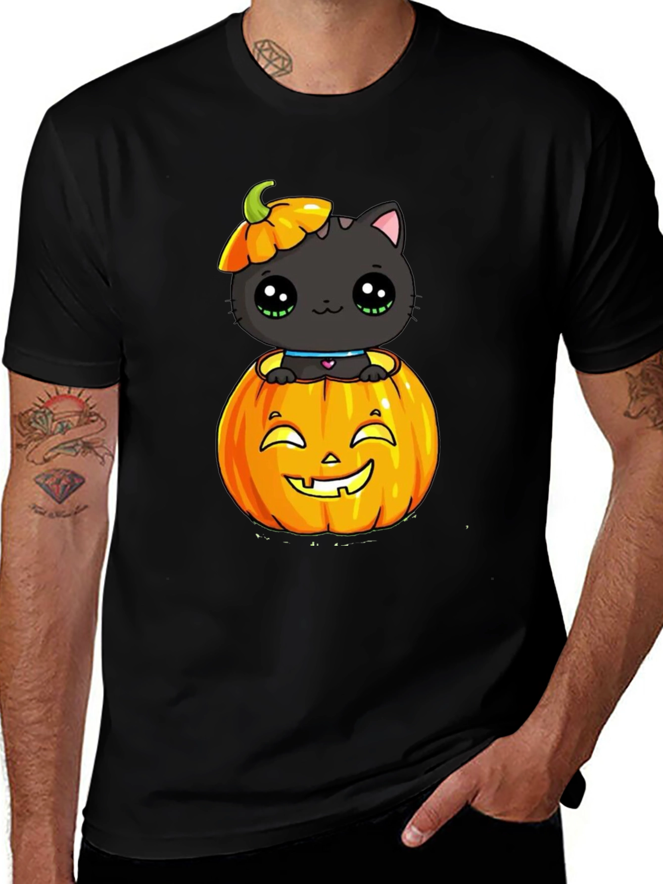 Variant 30 of Halloween Cat in Pumpkin Black T-Shirt