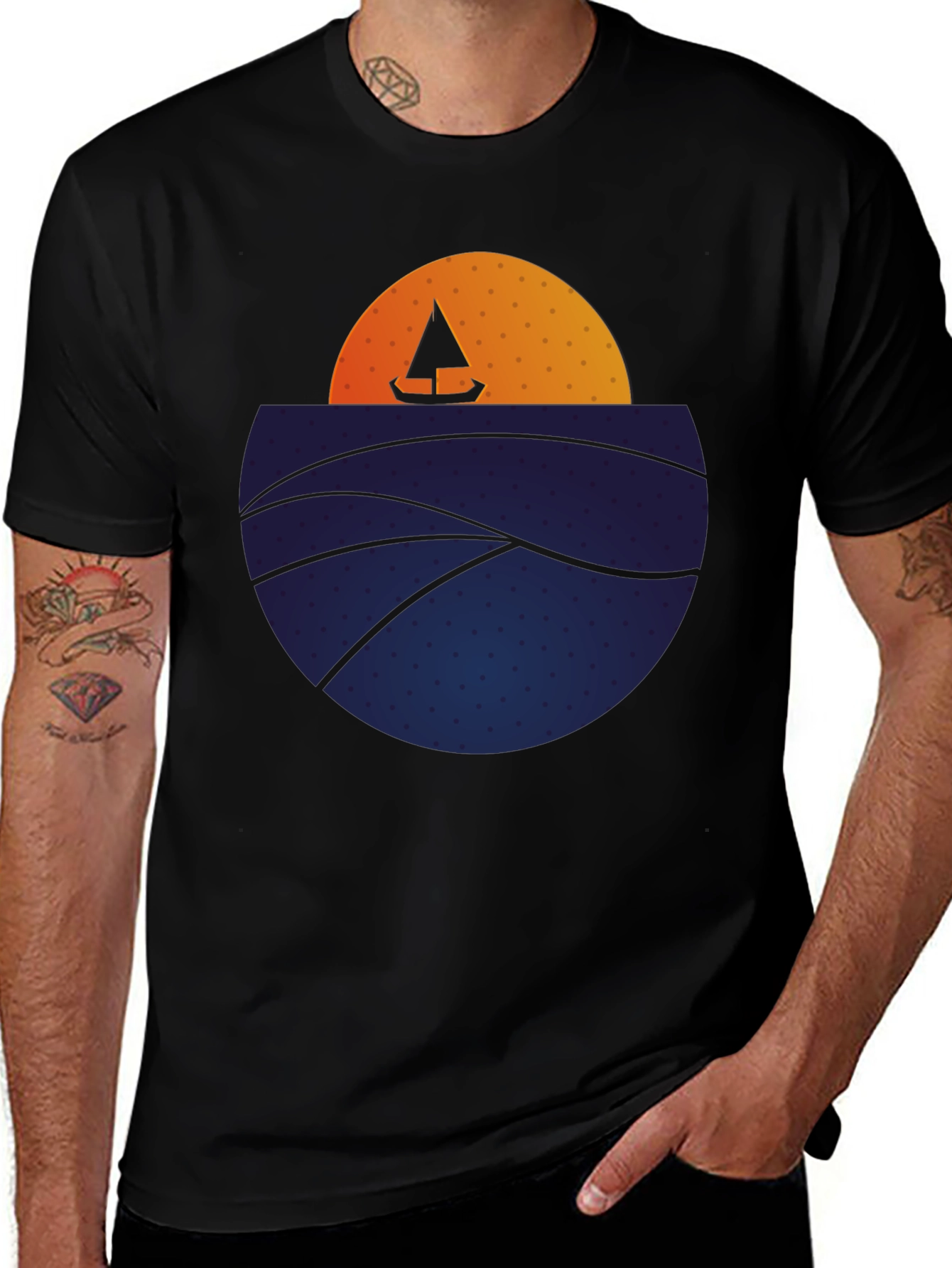 Variant 15 of Sunset Sail Graphic Tee - Stylish Men's Black T-Shirt