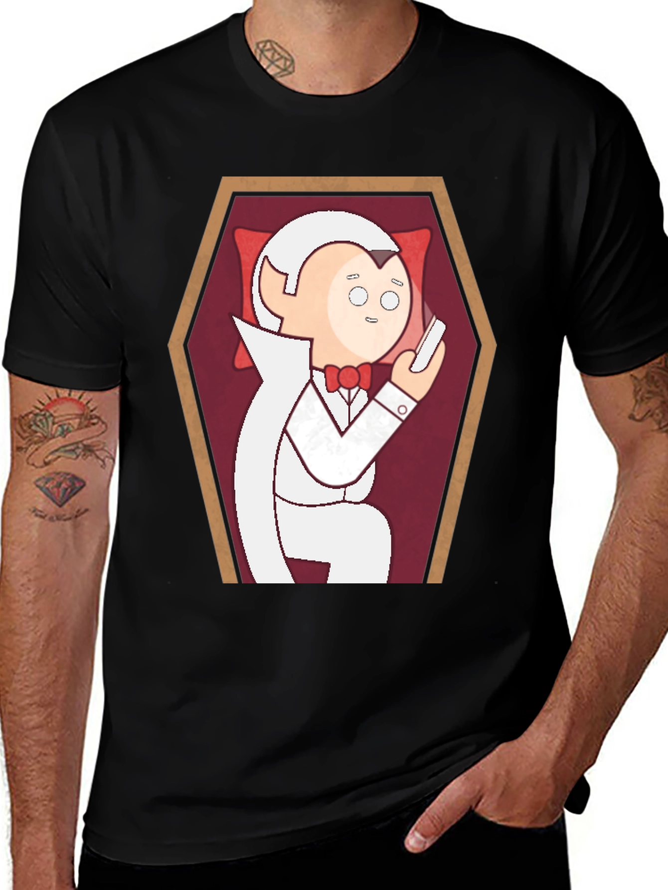 Variant 2 of Funny Cartoon Vampire in Coffin Graphic T-Shirt
