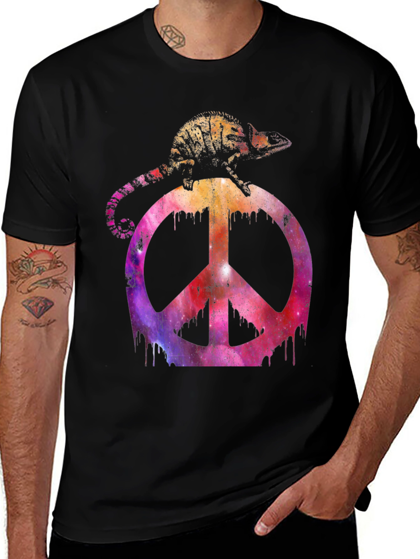 Black Chameleon Peace Sign Graphic T-Shirt main image
