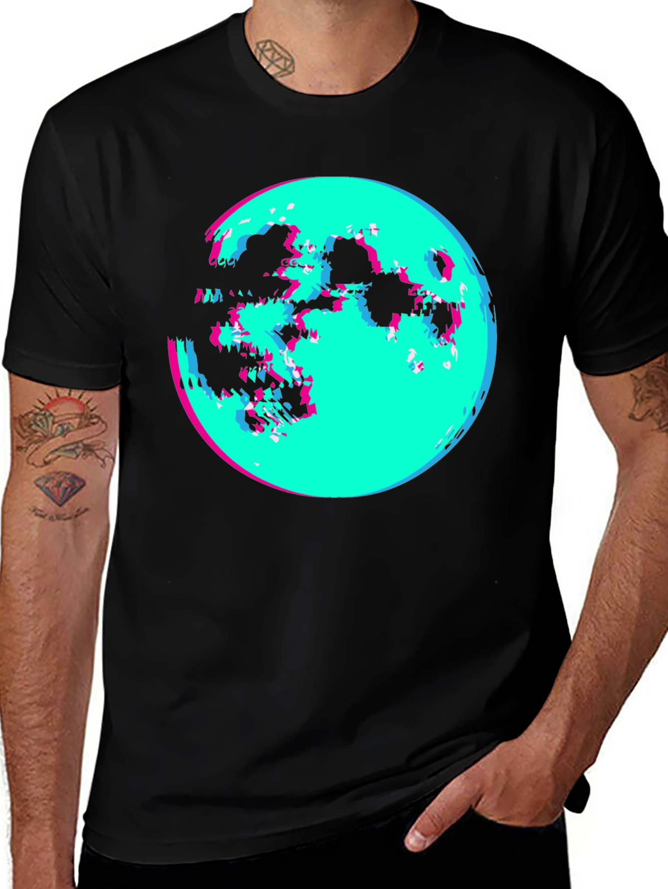 Variant 27 of Vaporwave Moon Graphic Tee - Black Cotton Shirt