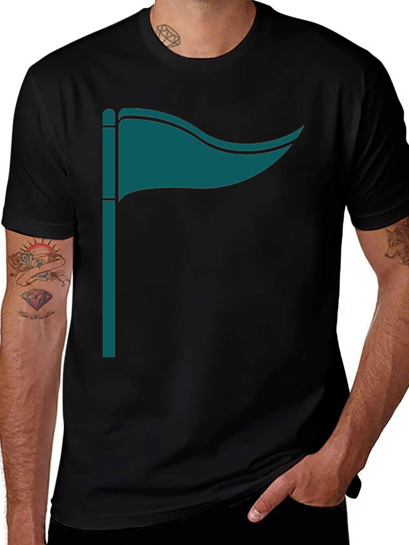 Variant 7 of Men's Black T-Shirt with Teal Flag Design