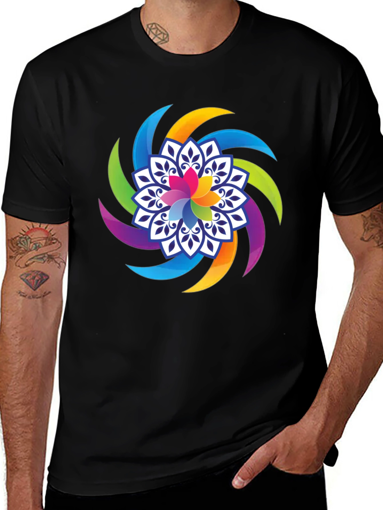 Variant 12 of Colorful Floral Mandala Graphic Tee - Black