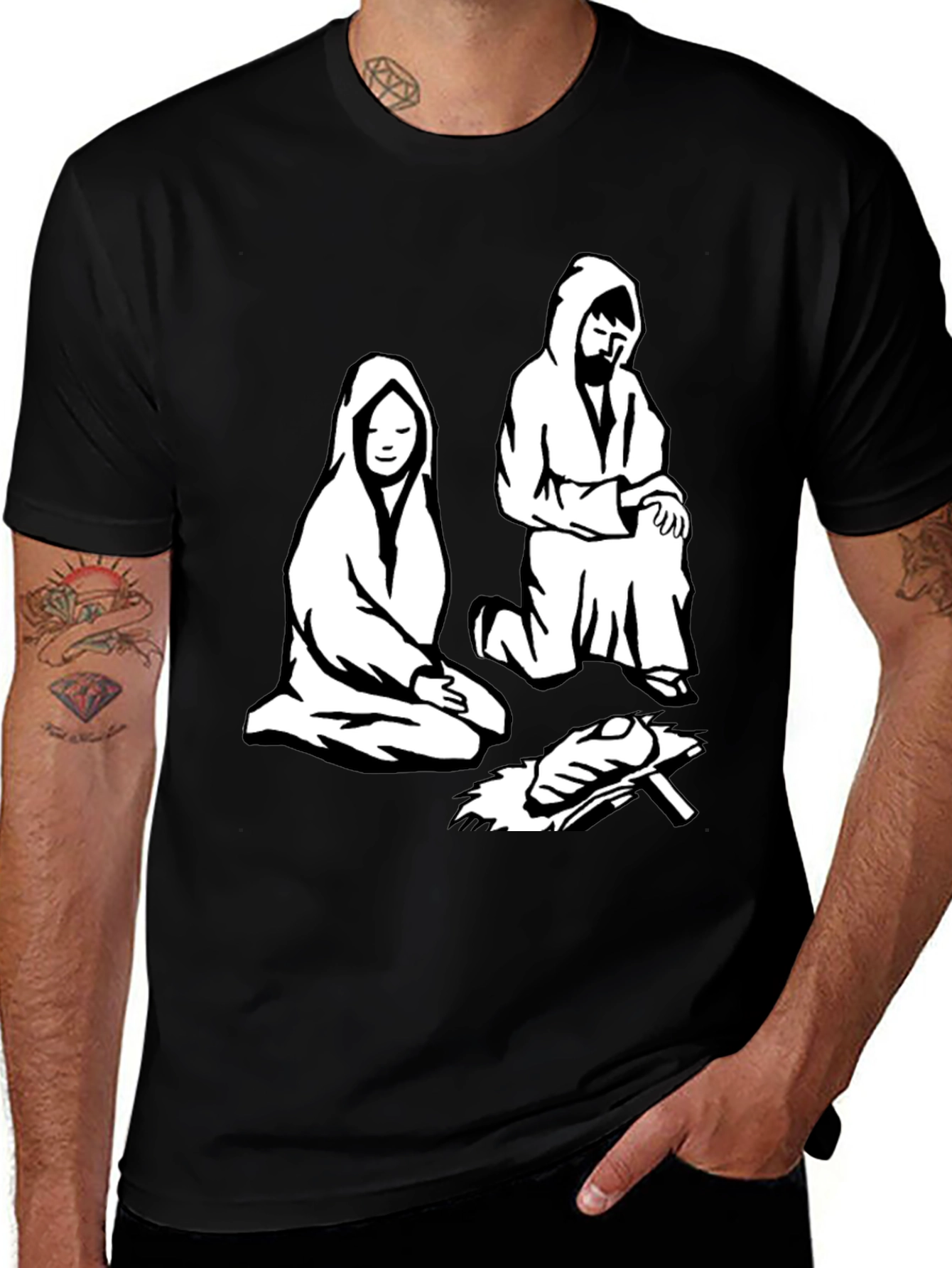 Variant 9 of Nativity Scene Graphic Tee - Black Cotton T-Shirt