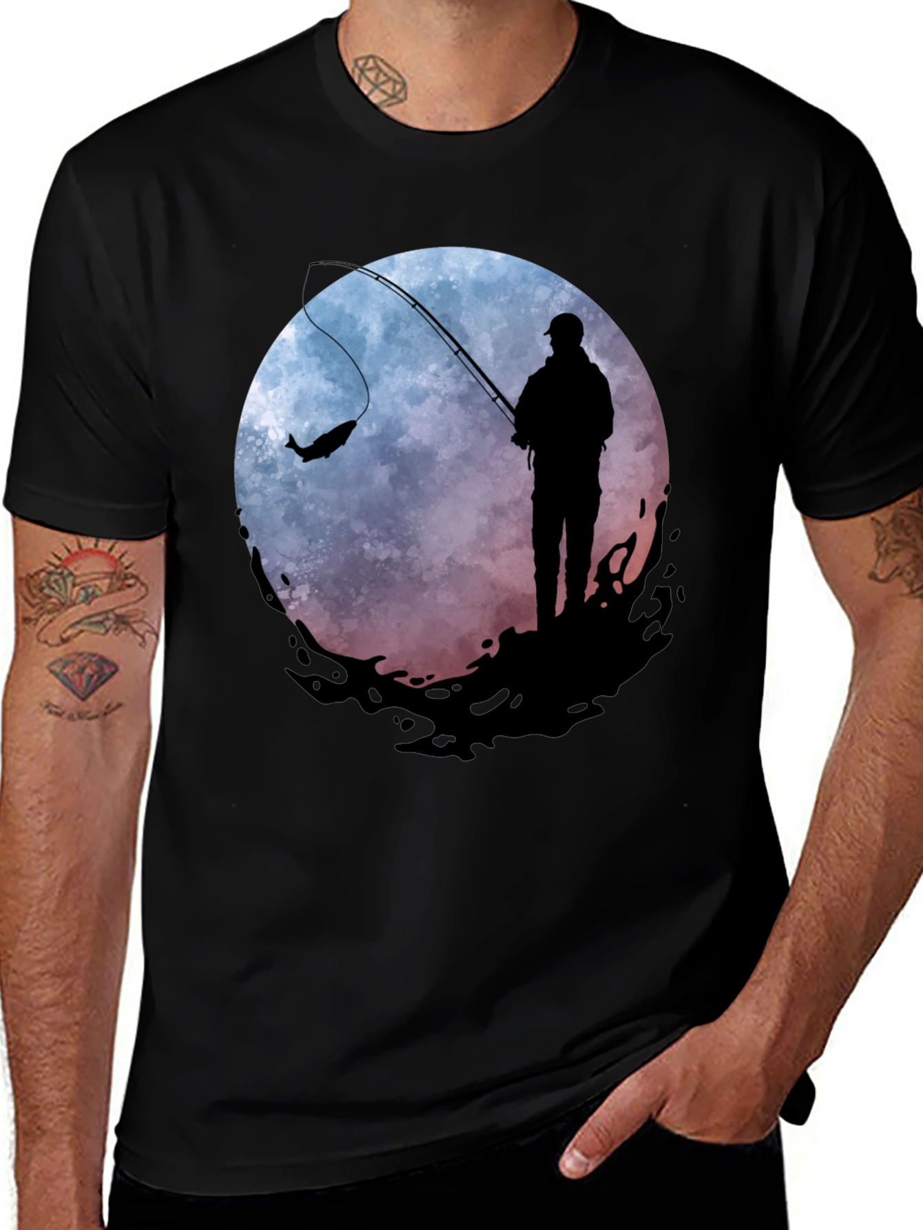 Variant 8 of Fishing Silhouette Graphic Tee - Men's Black T-Shirt