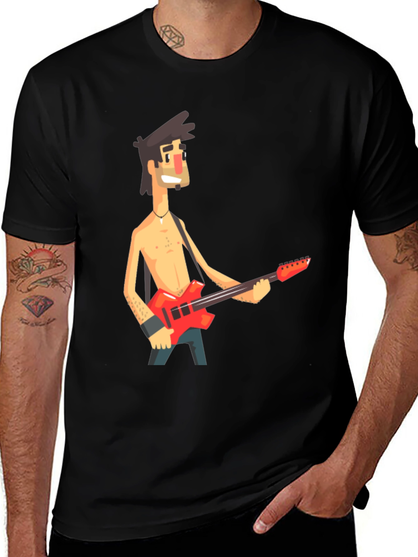 Cartoon Guitar Player Black T-Shirt