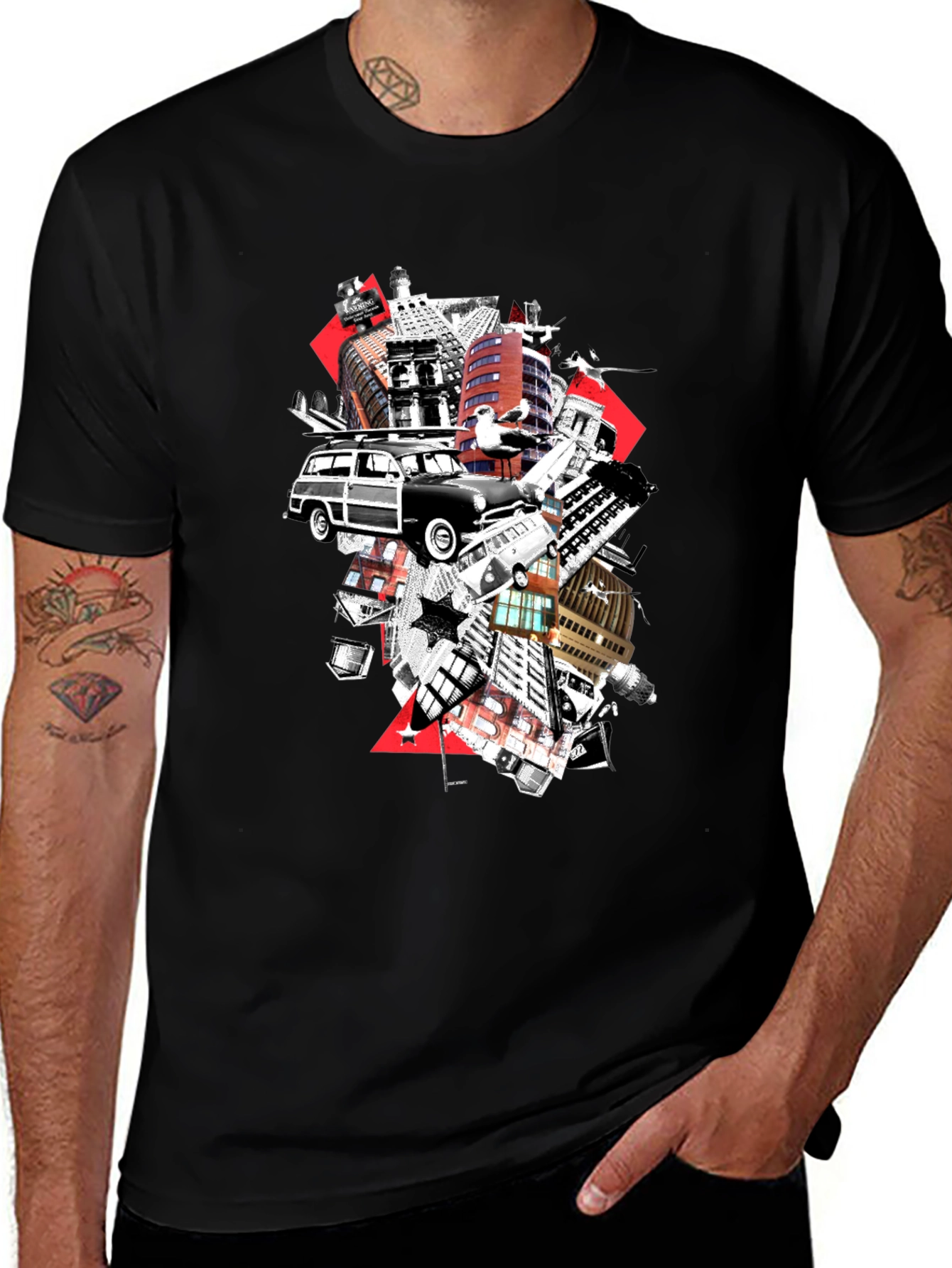 Variant 23 of Vintage Car Cityscape Graphic Tee - Black