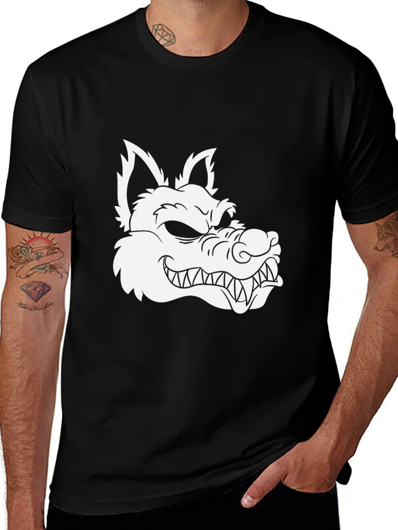 Variant 3 of Men's Black T-Shirt with Wolf Graphic Print