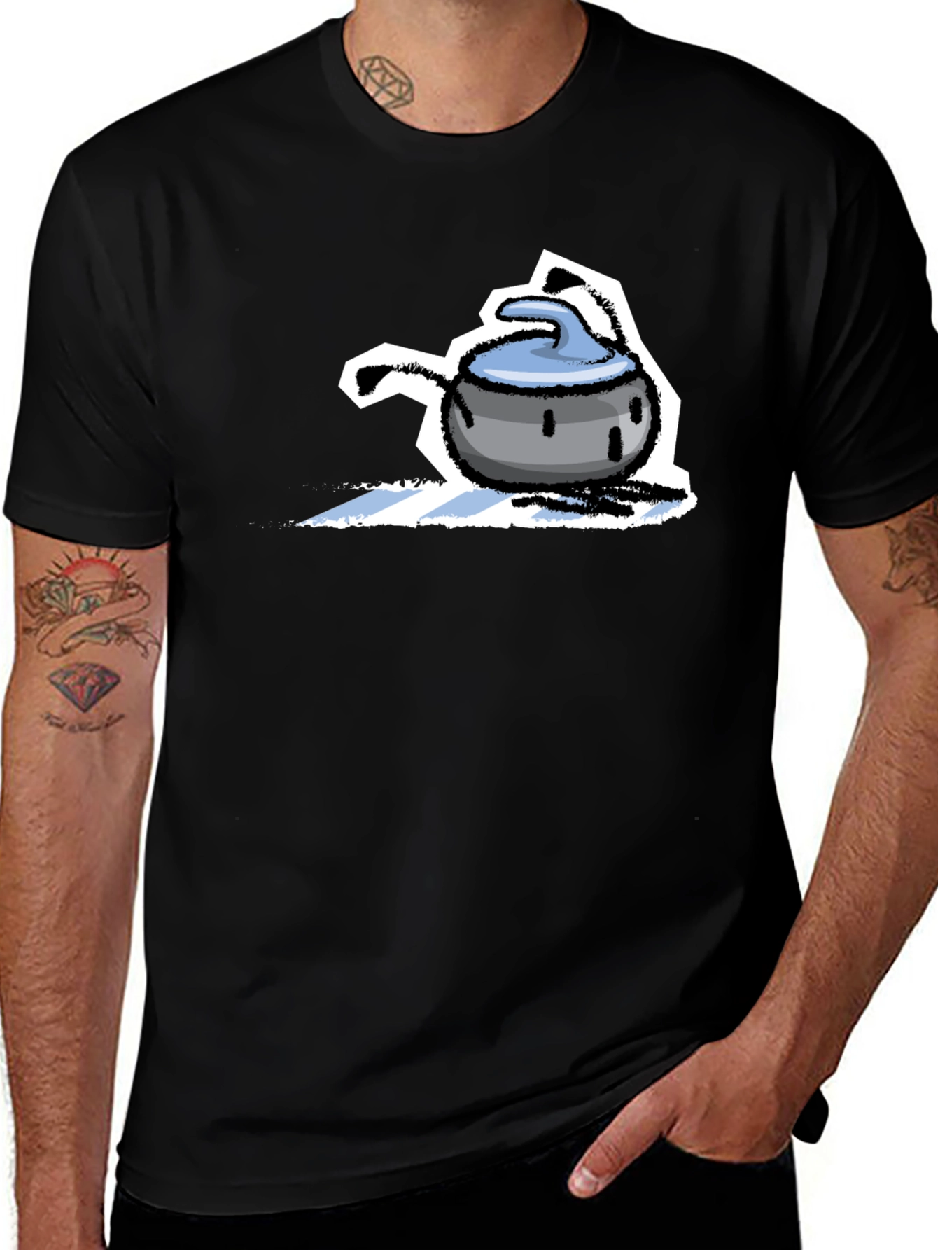 Variant 30 of Funny Curling Stone Cartoon Black T-Shirt