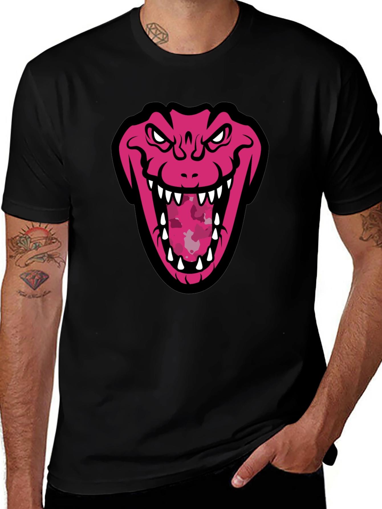 Variant 15 of Men's Black Tee with Pink Monster Graphic