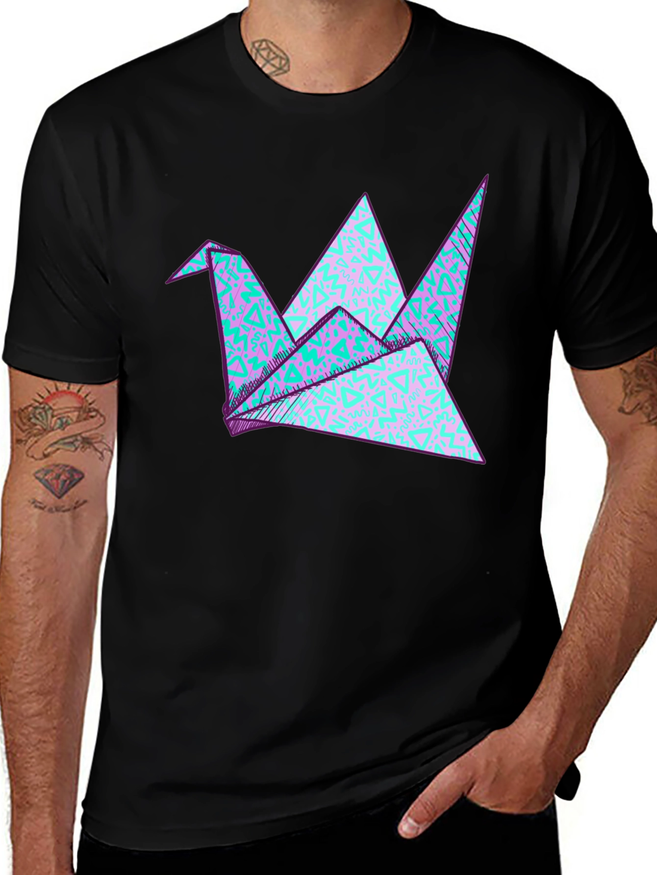 Variant 15 of Origami Crane Graphic Tee - Stylish Black Cotton T-Shirt