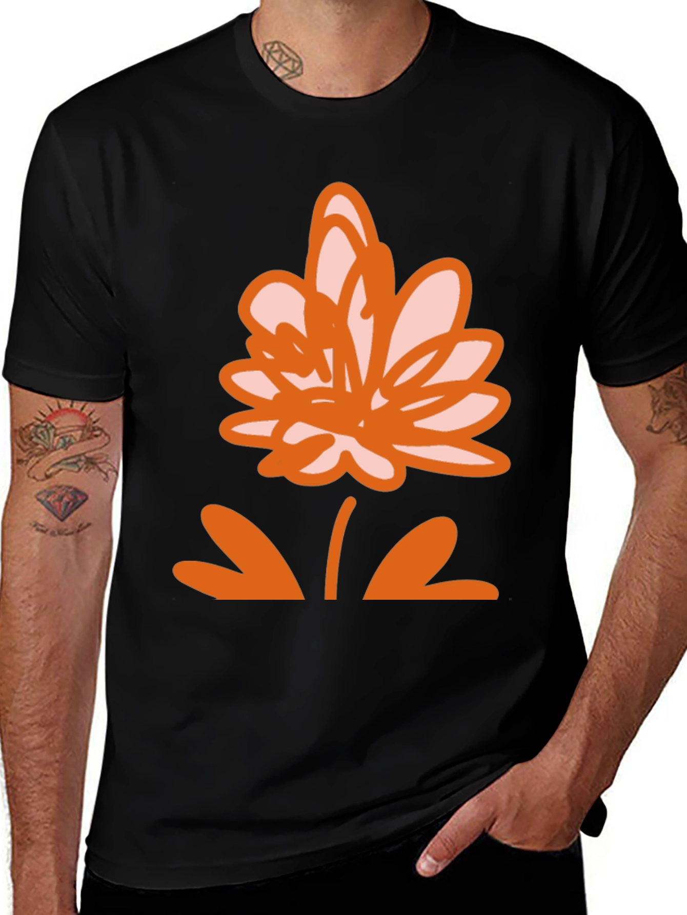 Black T-Shirt with Orange Flower Design