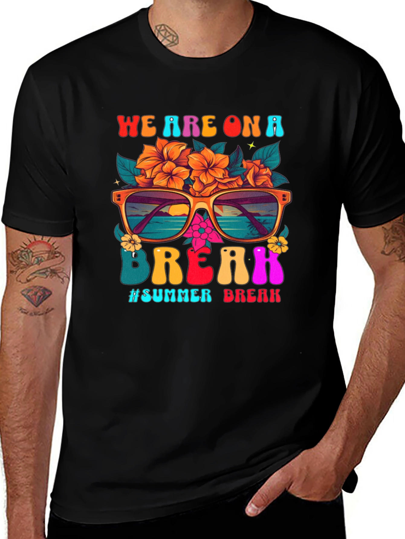 Variant 13 of Summer Break T-Shirt: Sunglasses, Floral Design, Relaxed Fit