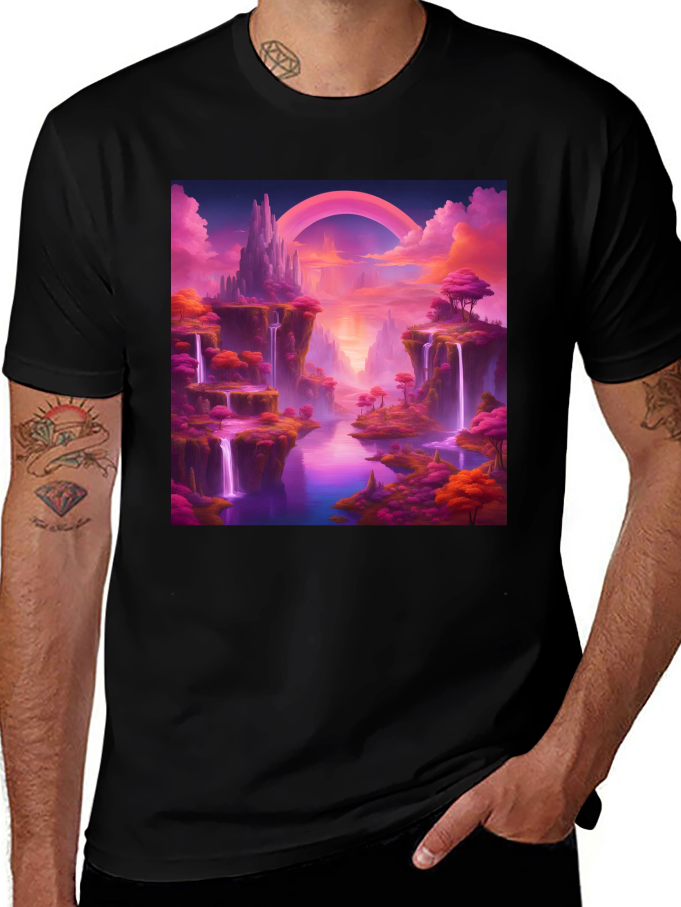 Variant 16 of Fantasy Landscape Graphic Tee - Magical Pink Waterfall Design