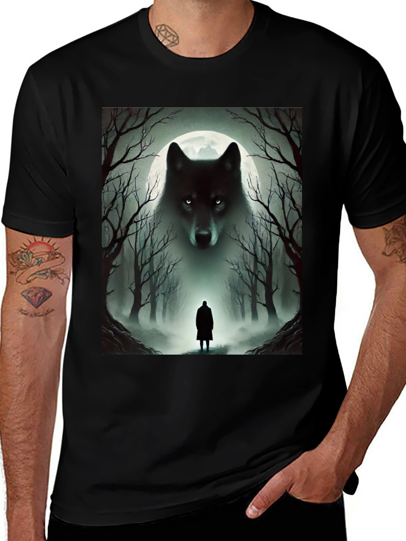 Variant 13 of Wolf & Moon T-Shirt: Mystical Forest Design