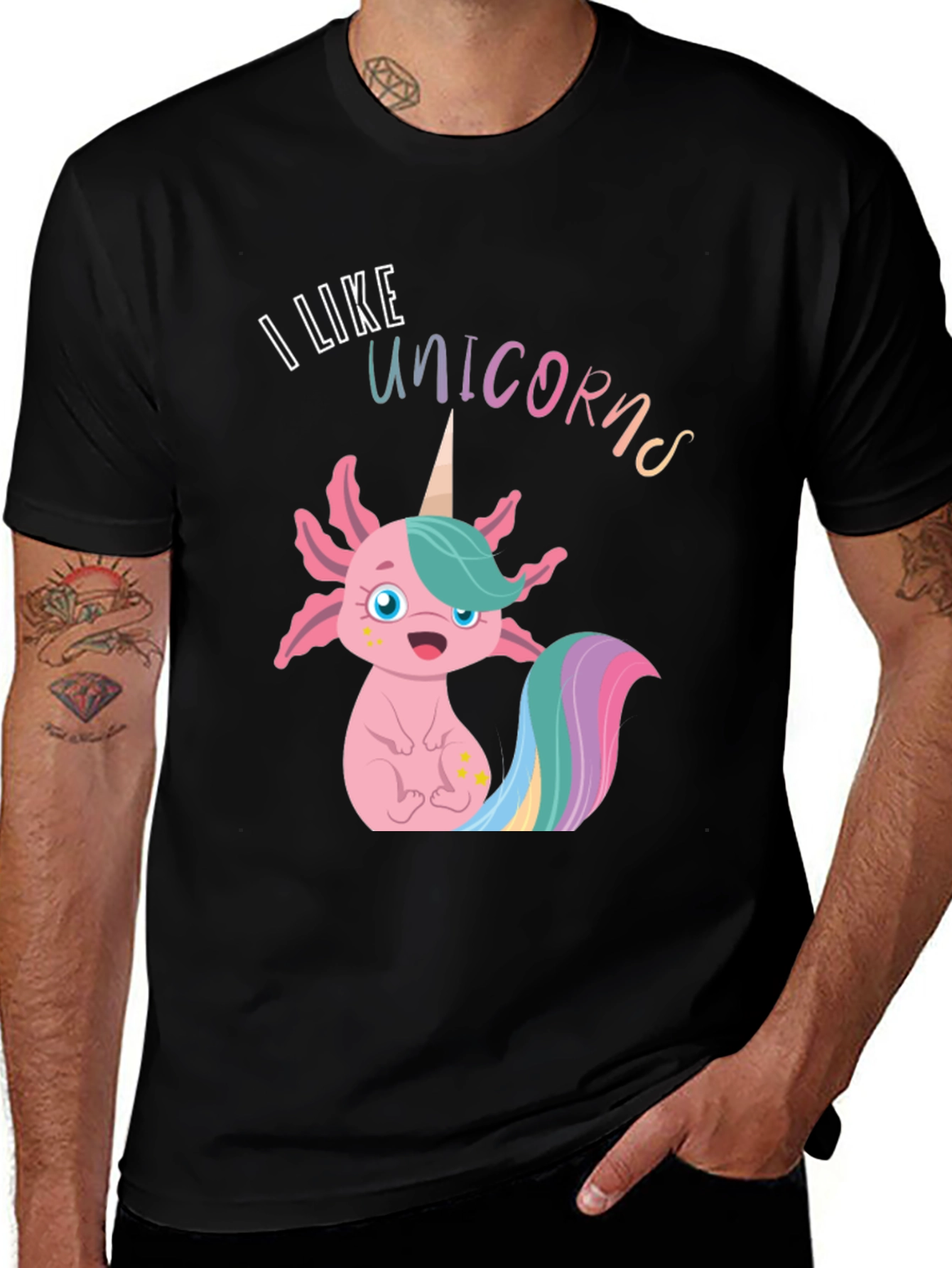 Unicorn Axolotl Graphic Tee - I Like Unicorns Black T-Shirt