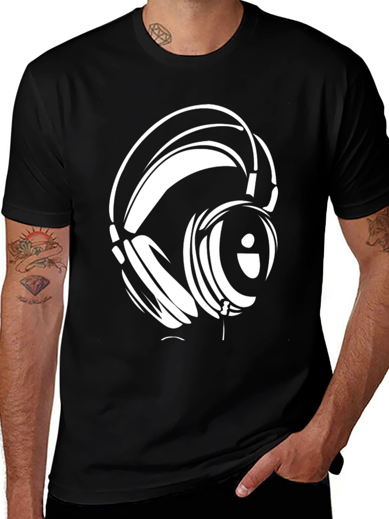 Variant 17 of Cool Headphones Graphic Tee - Black Cotton Casual Shirt