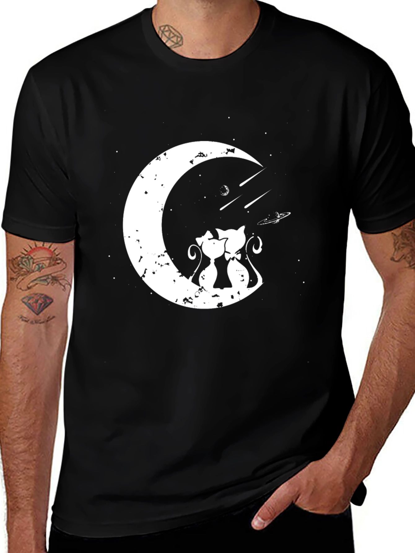 Moon Cats Black T-Shirt - Starry Night Design