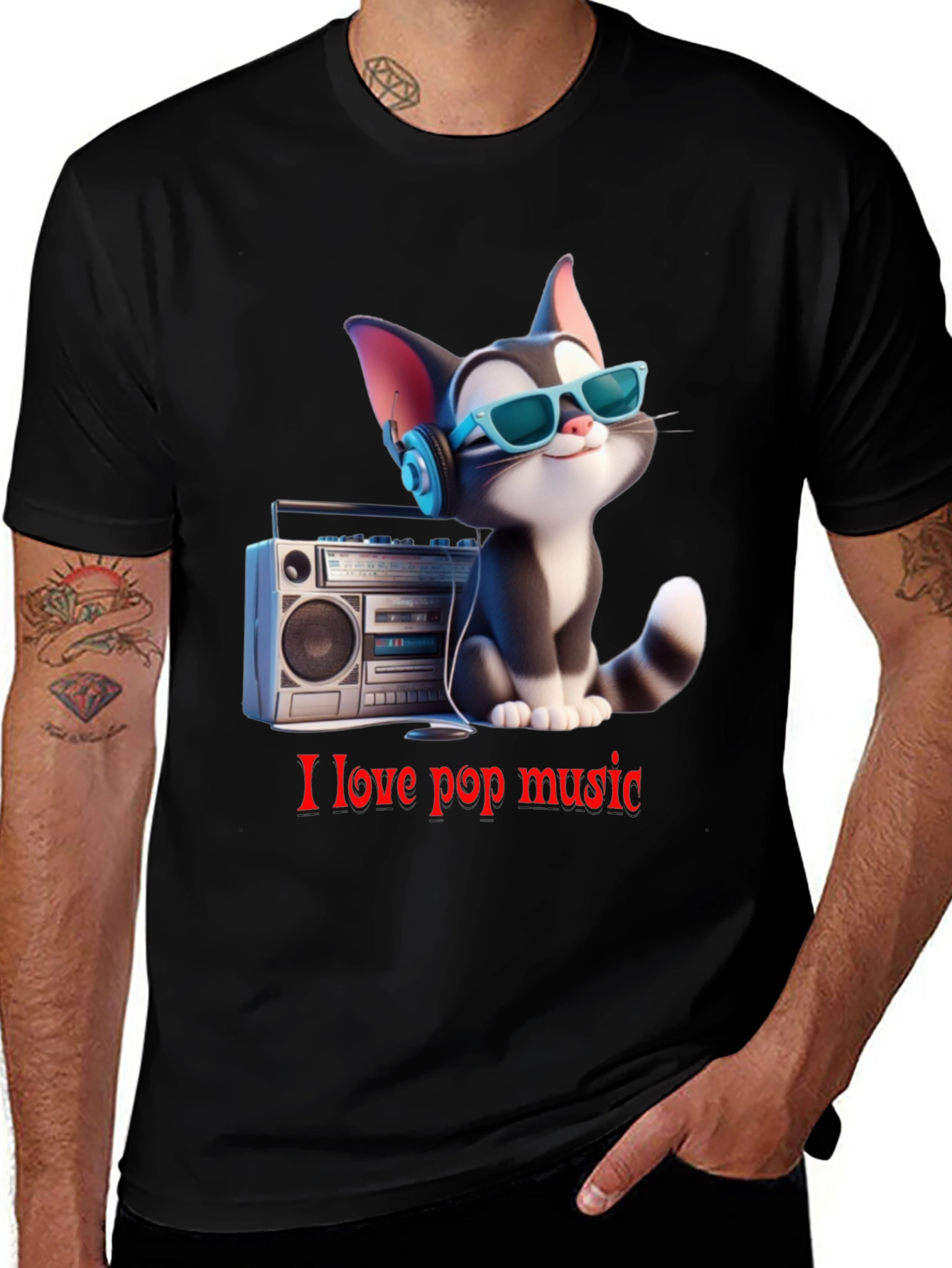 Black Cool Cat Loves Pop Music T-Shirt main image