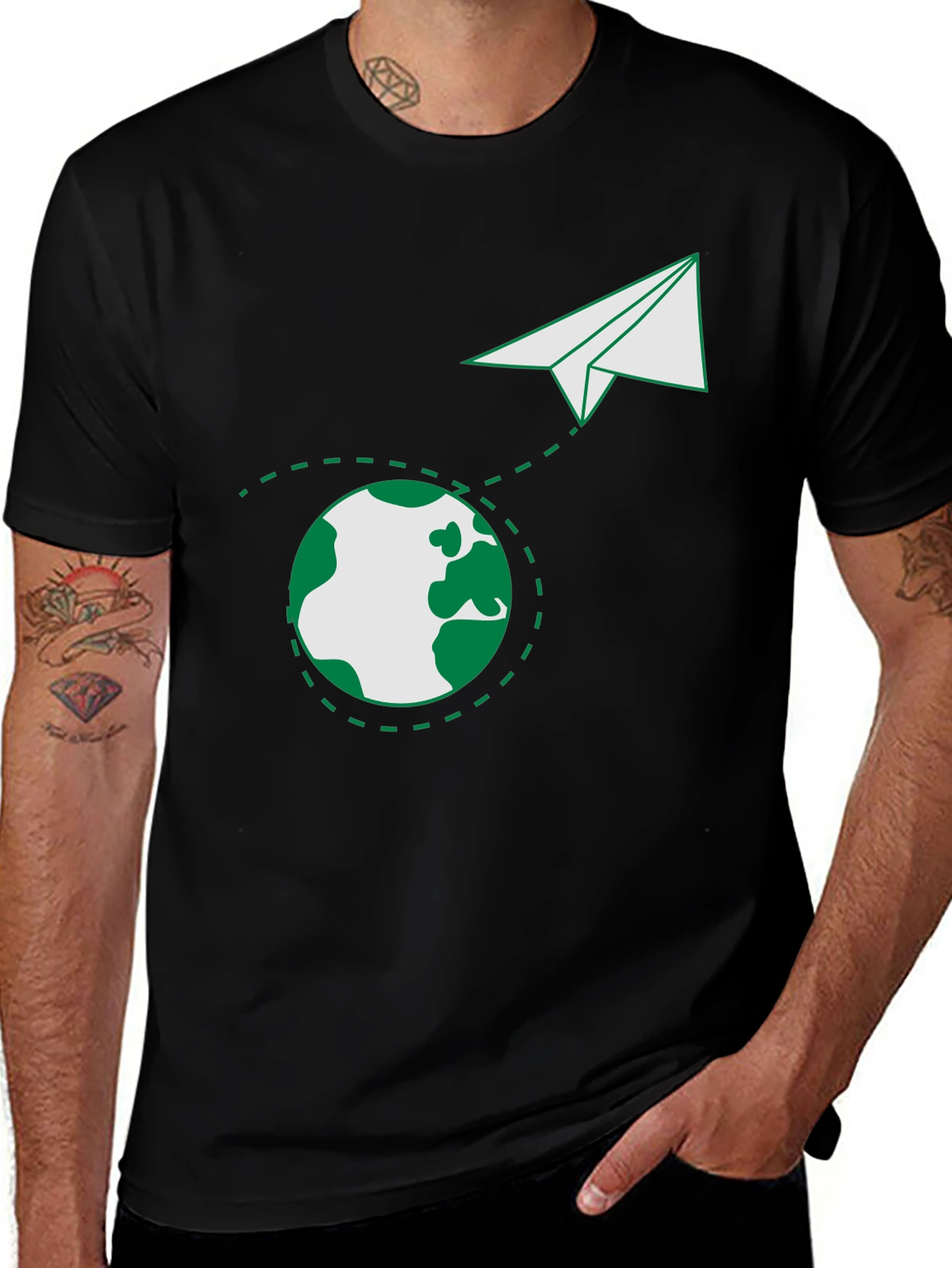 Variant 10 of Around the World Tee - Black Cotton Paper Airplane Graphic T-Shirt