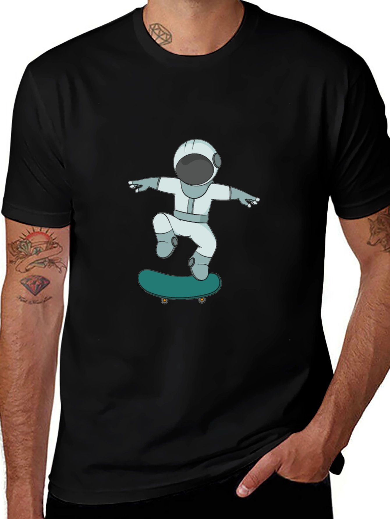 Black Skateboarding Astronaut Graphic Tee - Cool Black T-Shirt main image