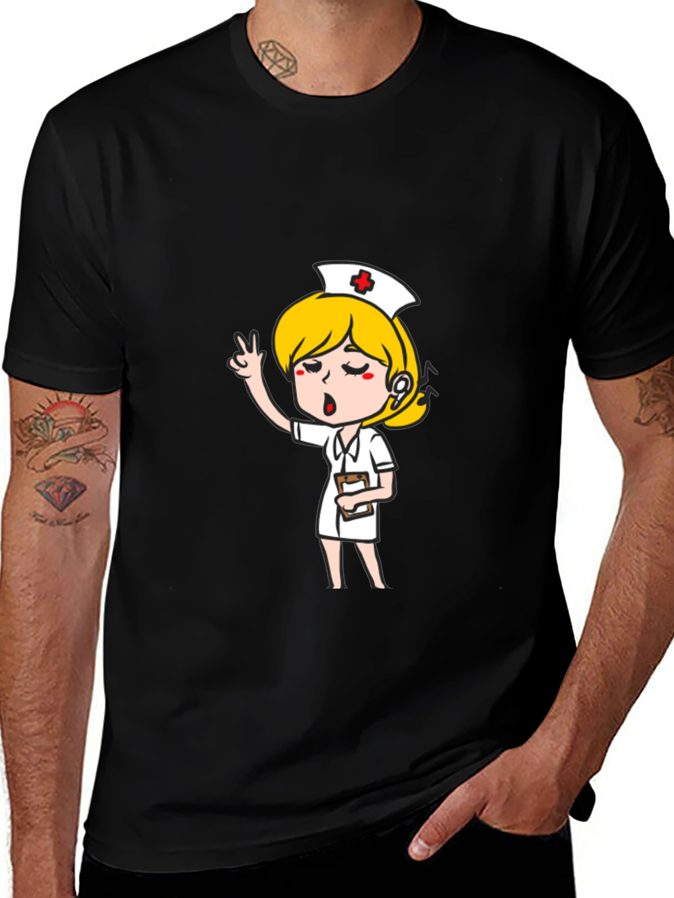 Variant 9 of Cartoon Nurse Graphic T-Shirt - Black Cotton Tee