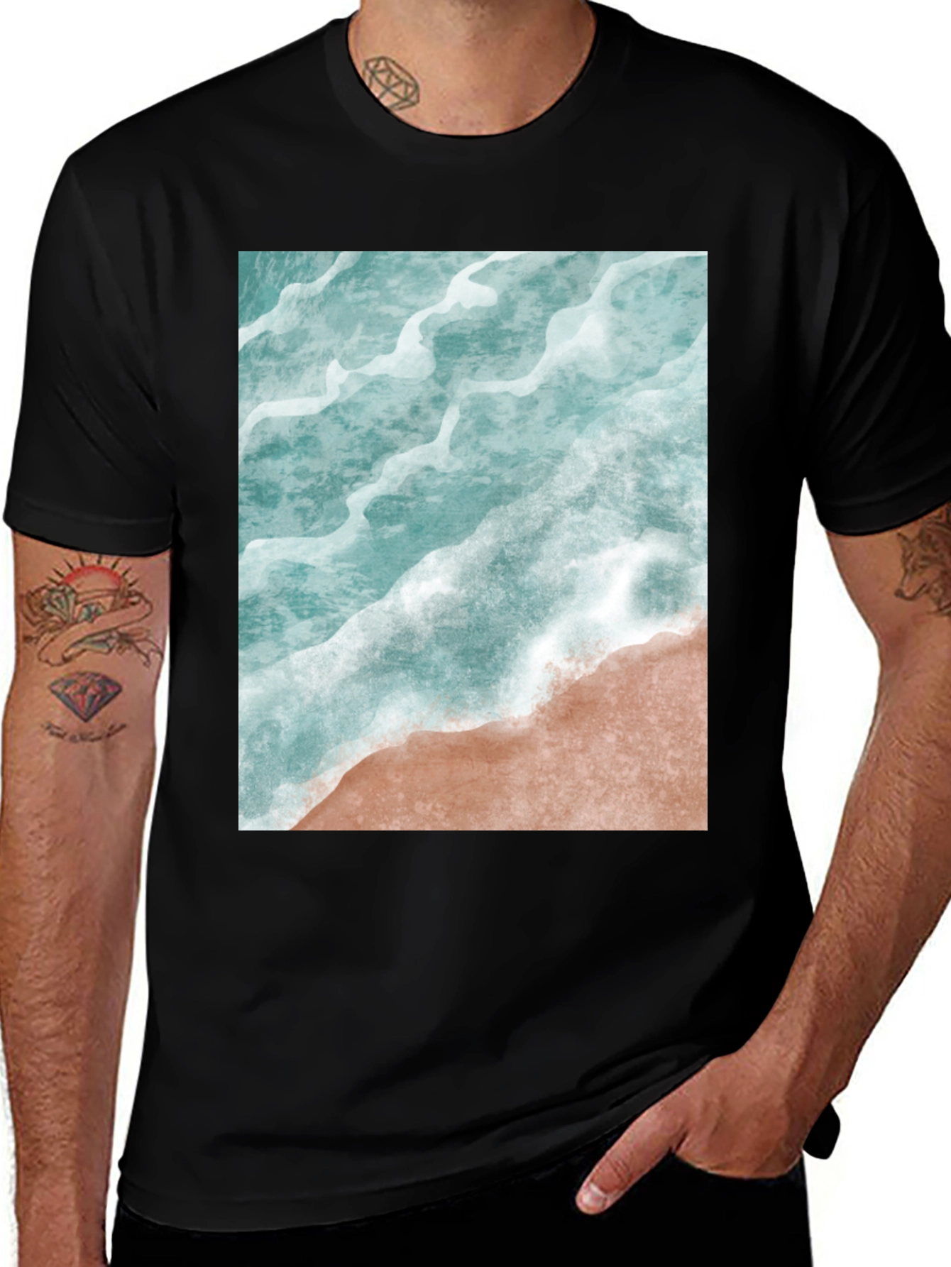 Variant 18 of Ocean Wave Graphic Tee - Beach Style Black T-Shirt