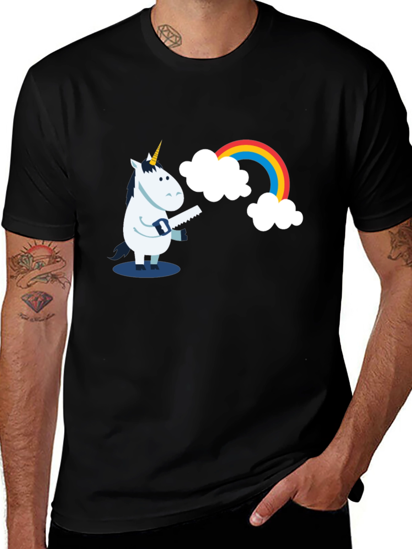 Variant 12 of Funny Unicorn Sawing Rainbow Graphic Tee